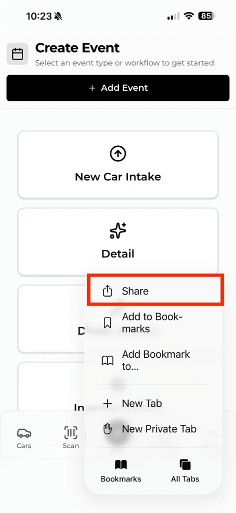 Safari browser menu on iPhone with the Share option highlighted at the top of the list