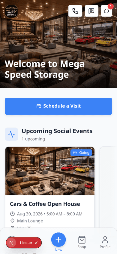 Customer portal home on a phone showing Social Events and My Events with upcoming event cards