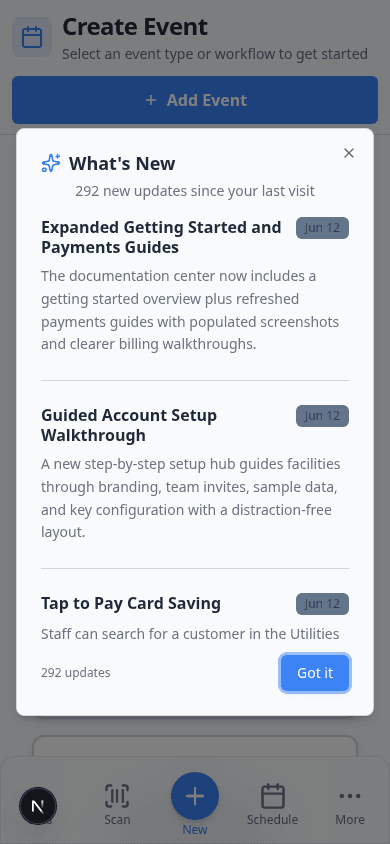Staff Create event page on an iPhone-sized screen showing event type cards such as Vehicle Drop Off