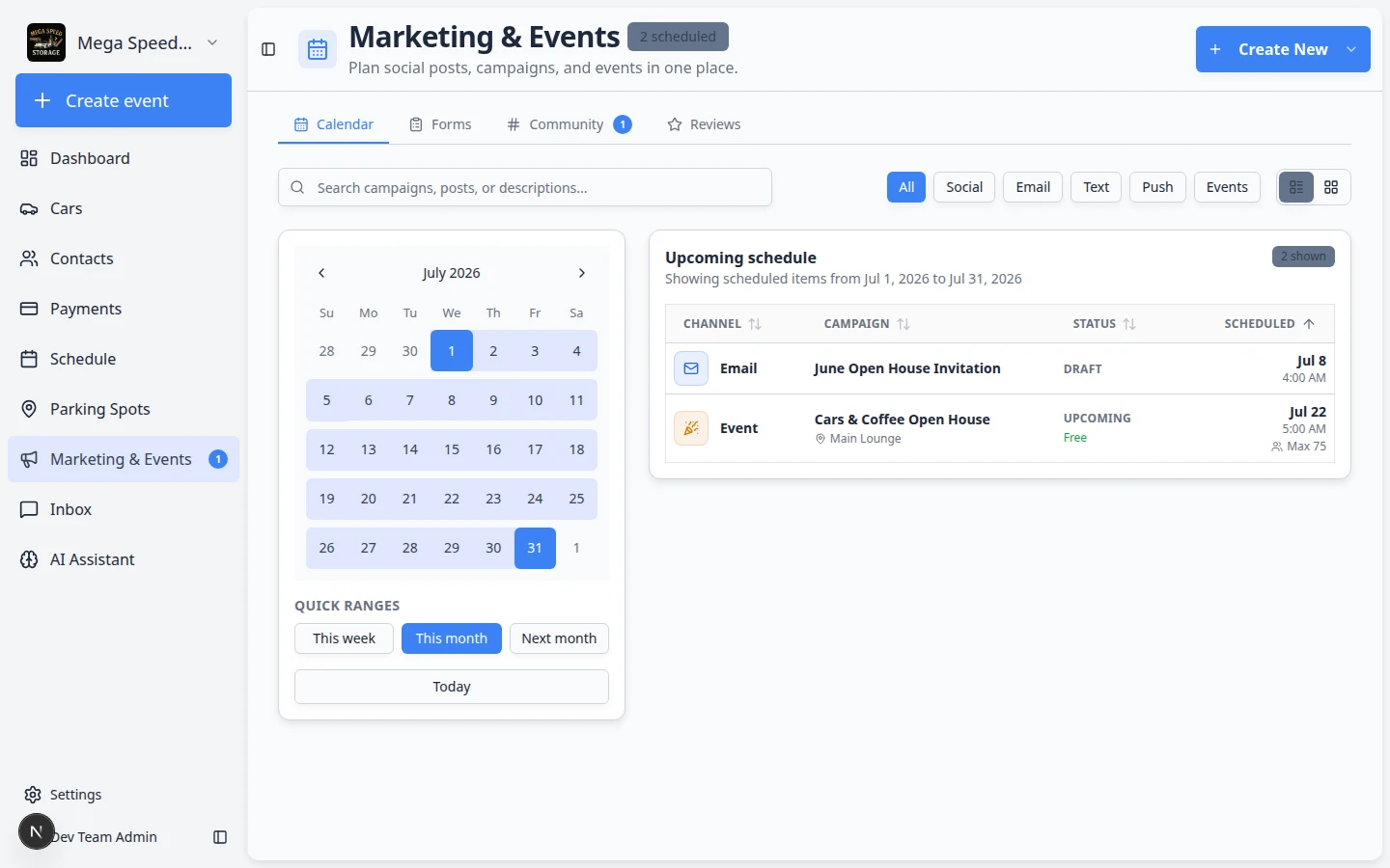 Marketing and Events page showing calendar, campaigns, and social event tools