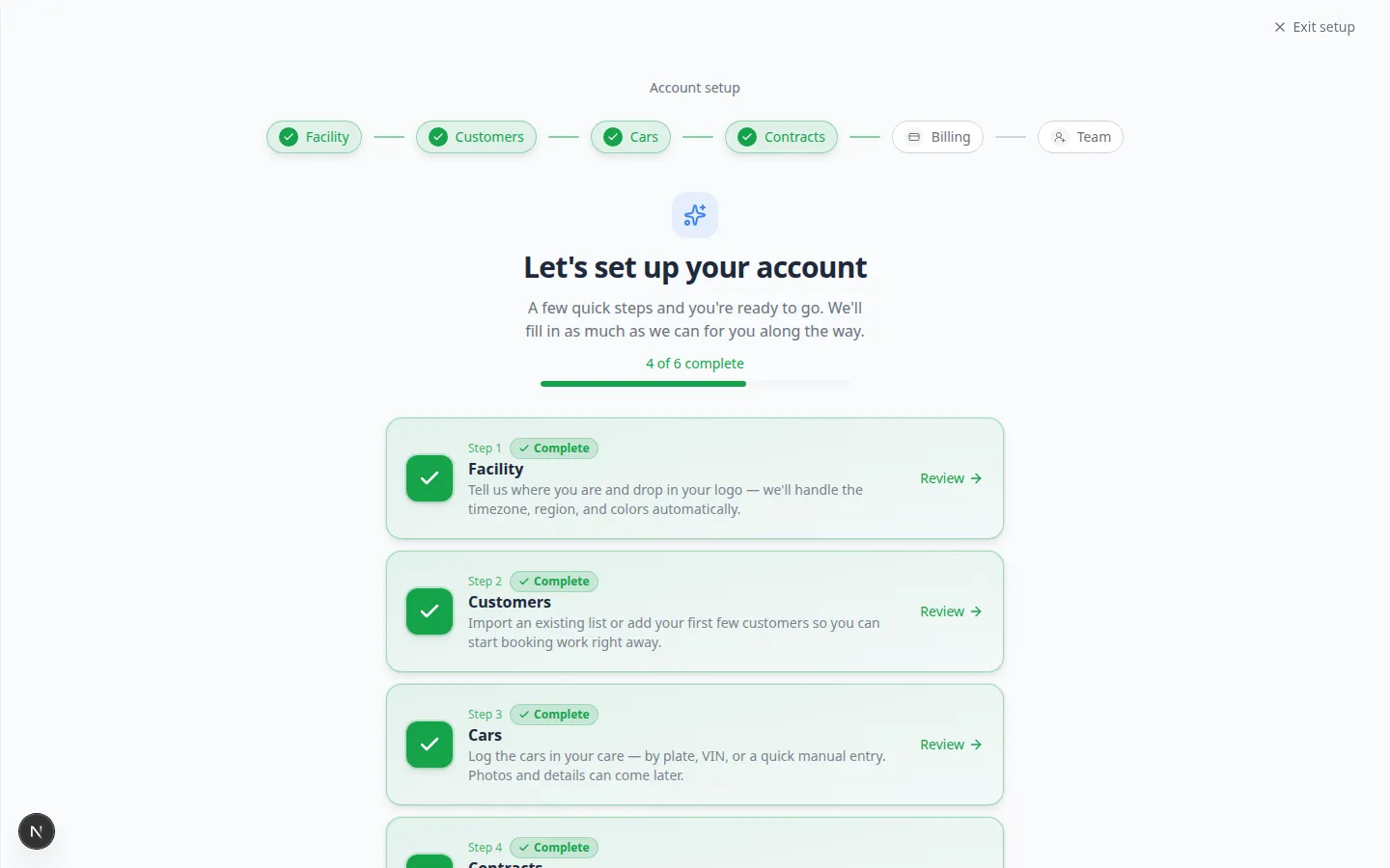 Onboarding wizard hub showing six setup step cards for Facility, Customers, Cars, Contracts, Billing, and Team