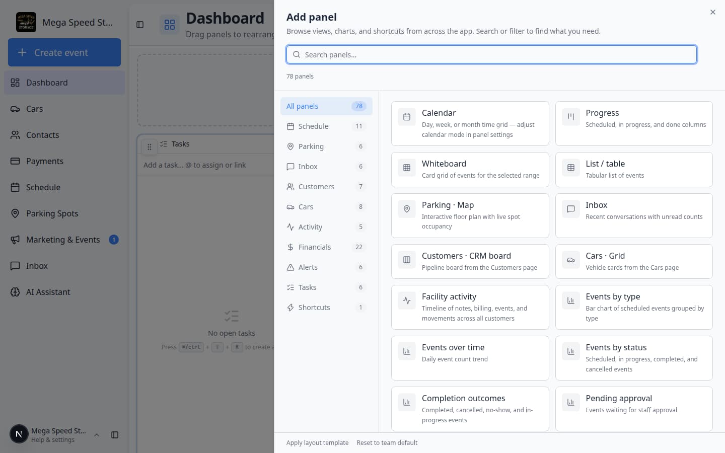 Add panel dialog listing schedule, cars, parking, charts, and shortcut options