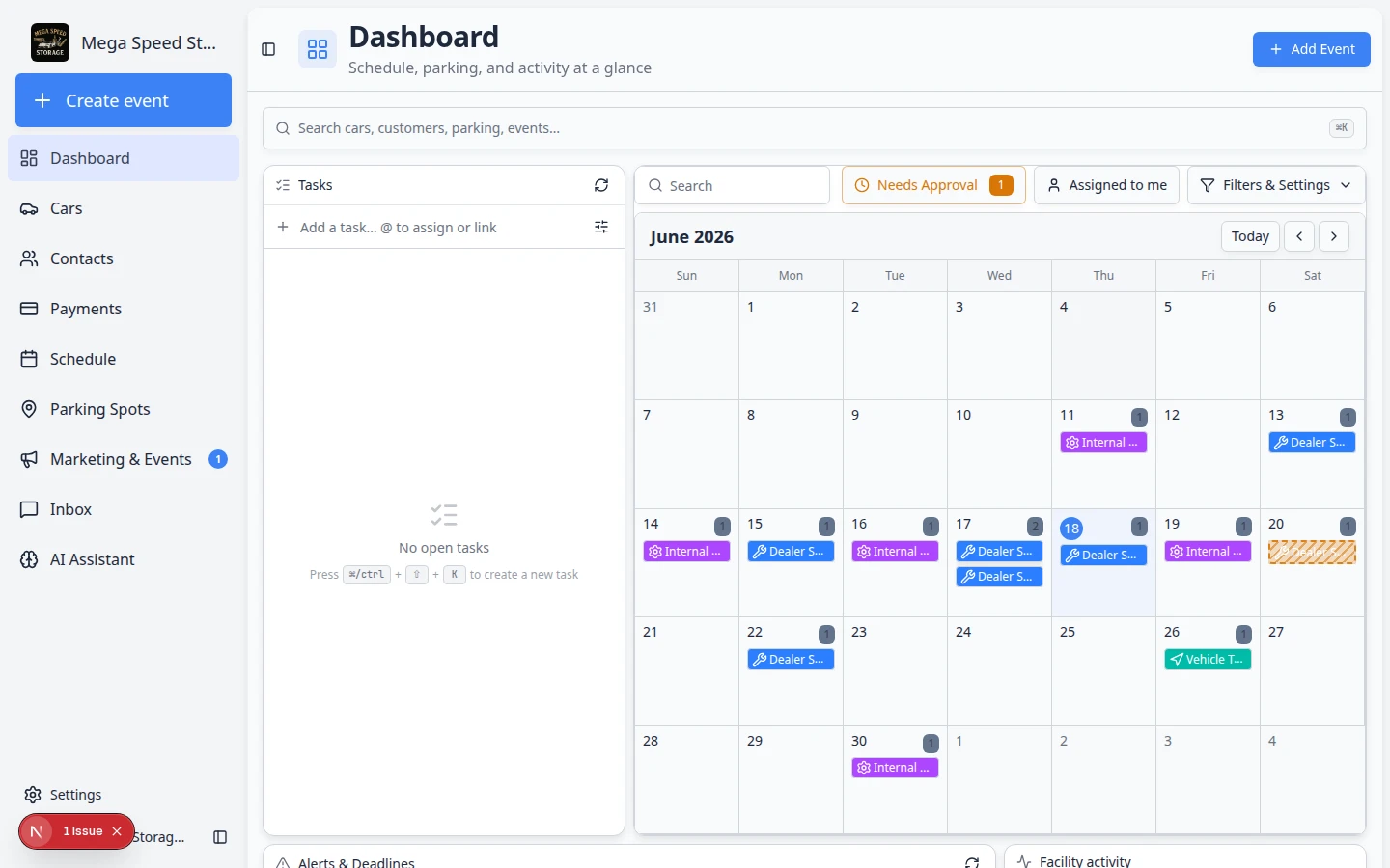 Dashboard beta page showing multiple widgets such as schedule calendar, parking map, and activity feeds