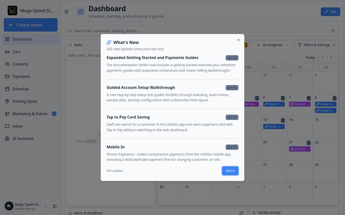 Dashboard beta page showing multiple widgets such as schedule calendar, parking map, and activity feeds