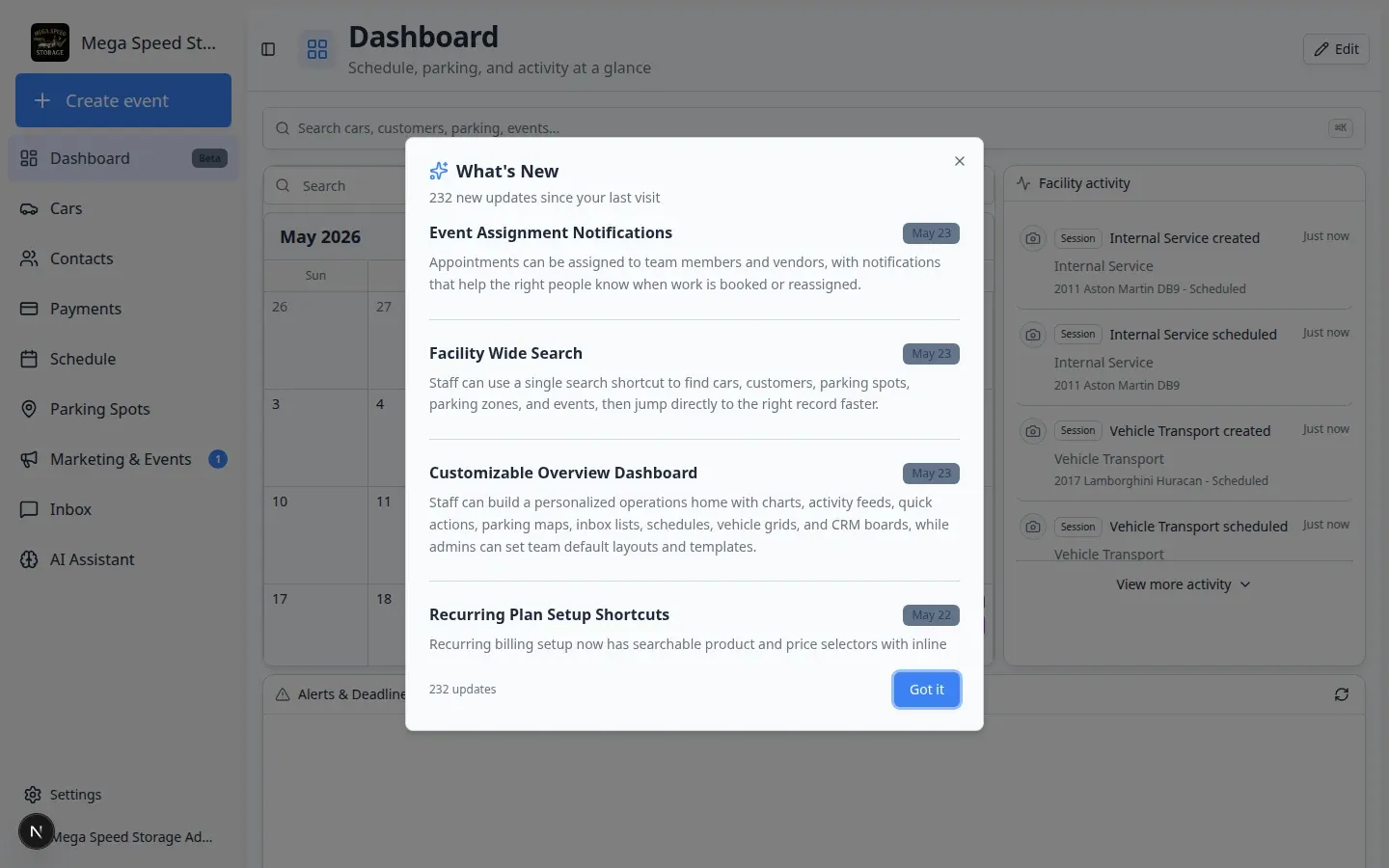Dashboard beta page with widget panels alongside the sidebar showing Create event and Dashboard menu items
