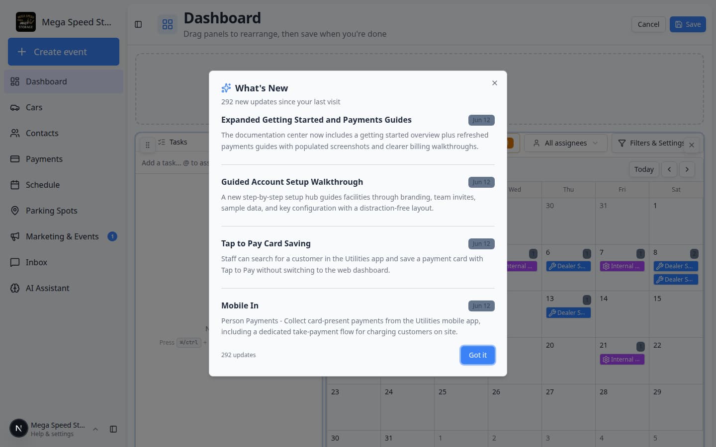 Dashboard in edit mode showing Add panel placeholder and draggable widget grid