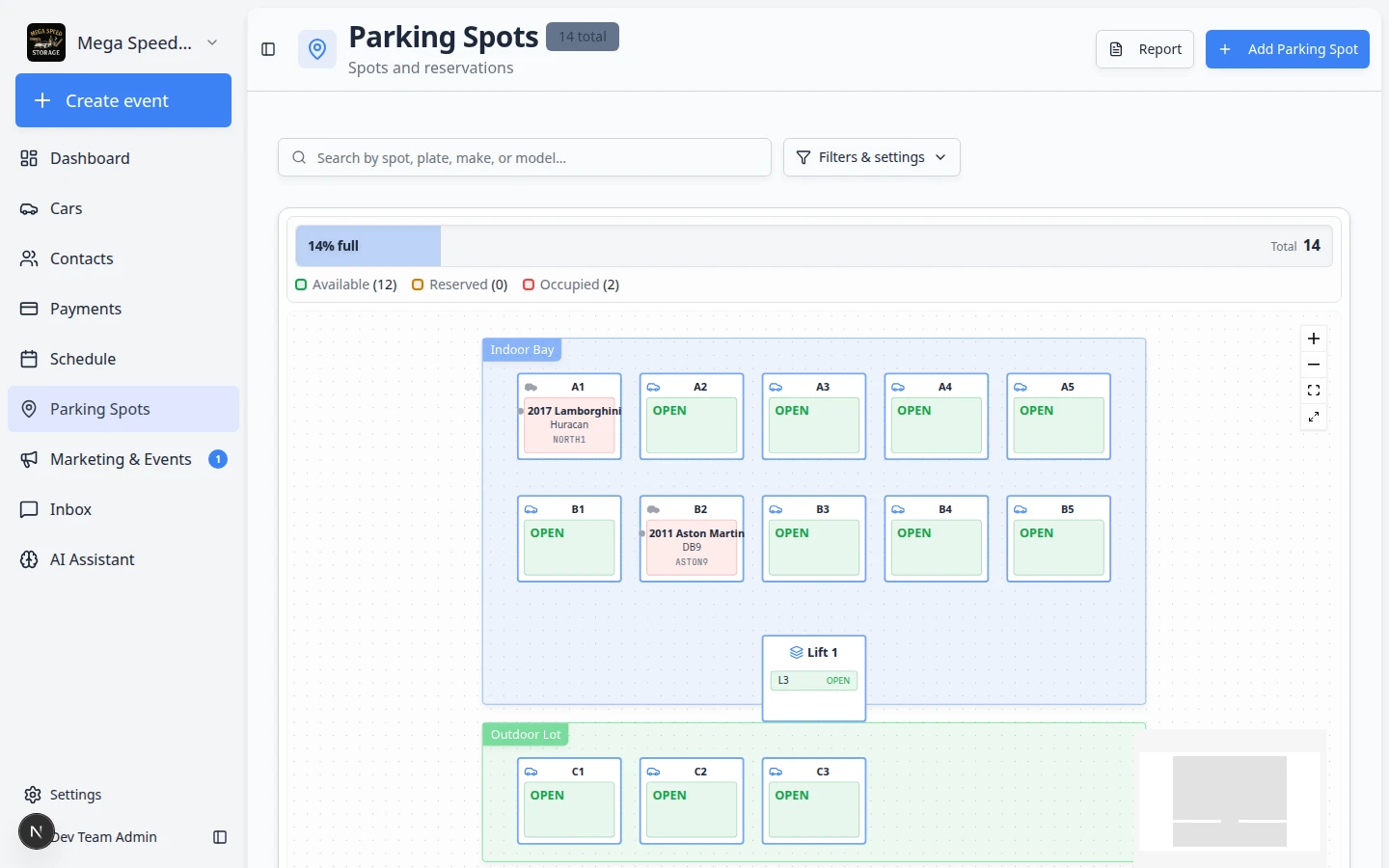 Parking Spots page showing facility floor plan or parking layout with assigned vehicles