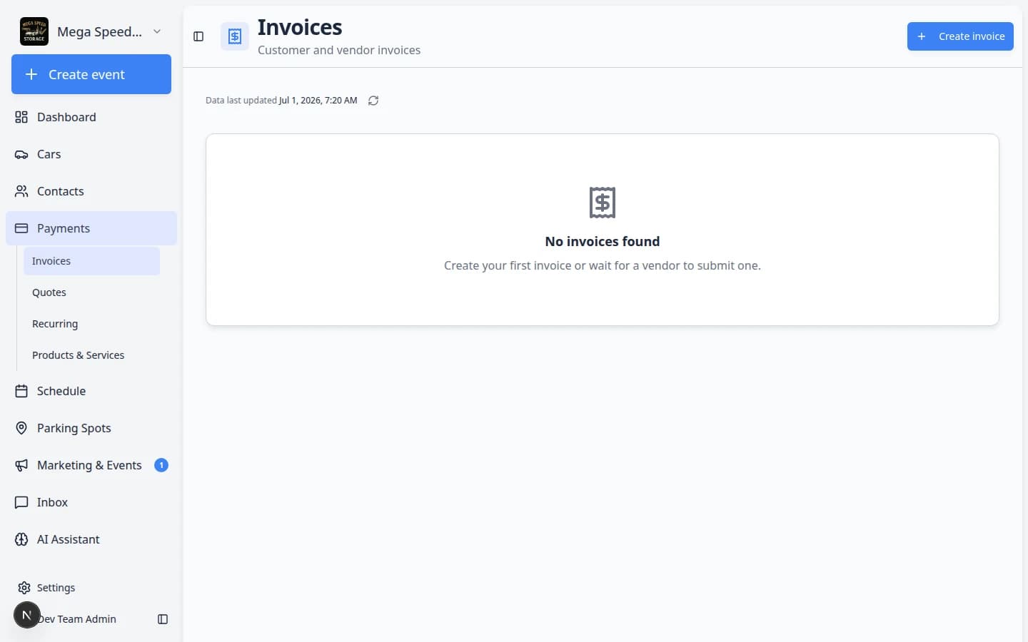 Payments invoices page showing invoice list with status filters and create controls