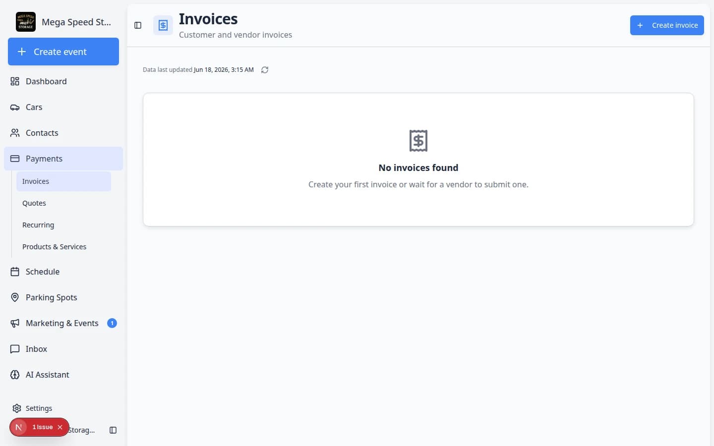 Payments invoices page showing invoice list with status filters and create controls