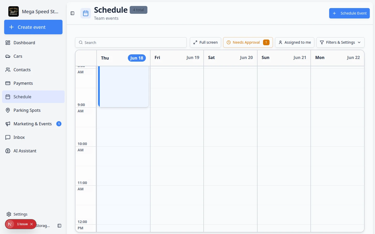 Schedule page showing a calendar week view with color-coded appointments and schedule controls