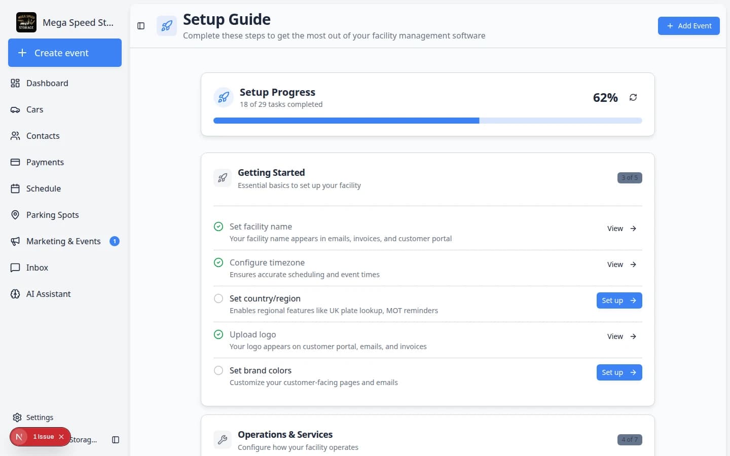 Setup Guide page showing Setup Progress percentage and grouped sections such as Getting Started and Operations with Set up buttons beside each task