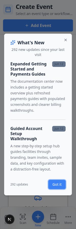 Setup Guide page with the left sidebar visible showing facility name and navigation items