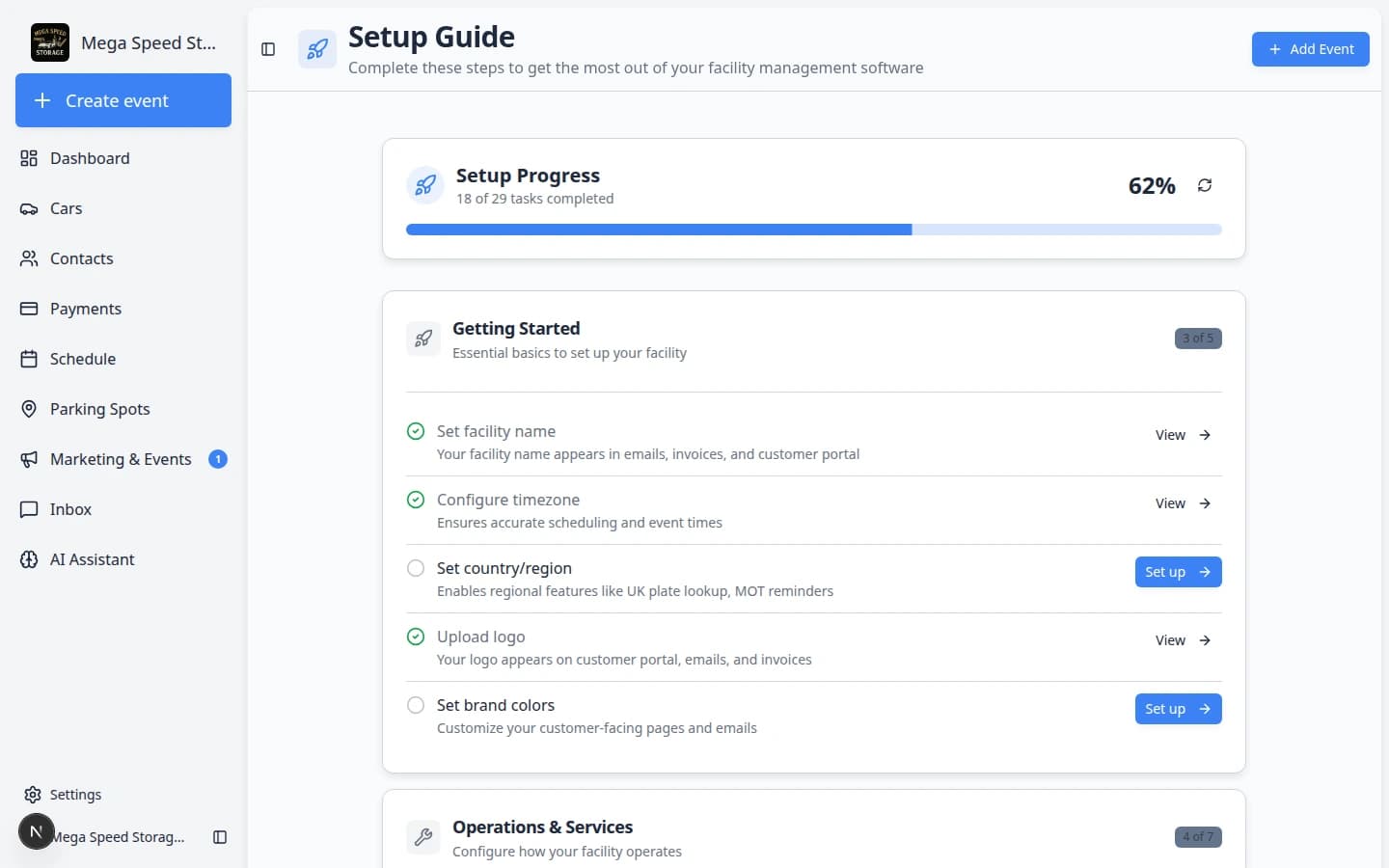 Setup Guide checklist page showing Setup Progress percentage and grouped sections with Set up buttons
