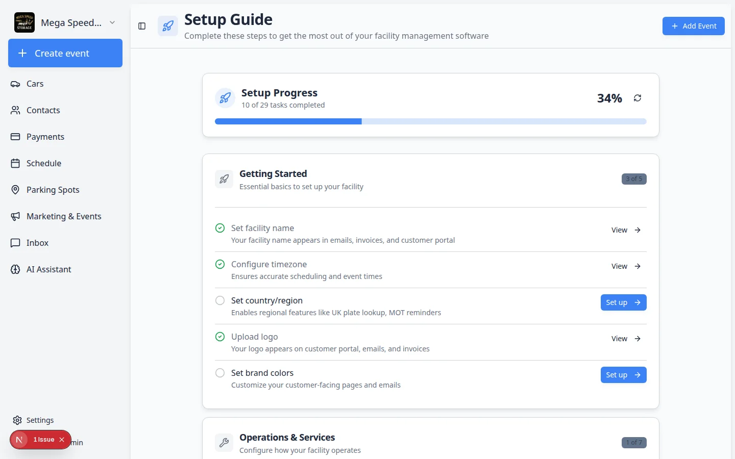 Setup Guide page showing setup progress percentage and grouped setup tasks with Set up buttons