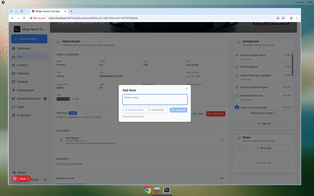 Add note dialog on a car record with Customer visible and Internal only options and a text field