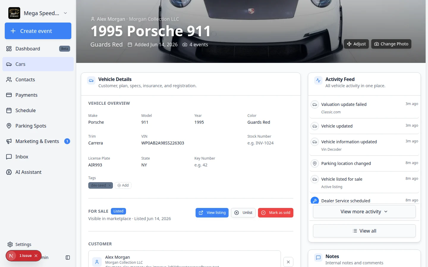 Customer section on a car record showing linked customer name, company, and email