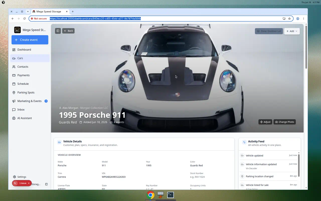 Car detail page banner showing Zone Outdoor Lot button and Add menu at the top right