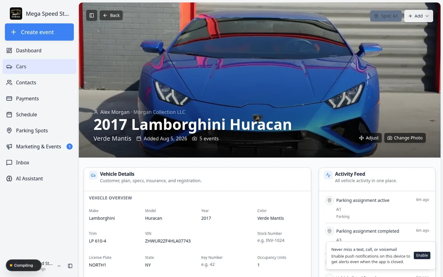 Car detail page showing Activity Feed with event rows and Notes section below