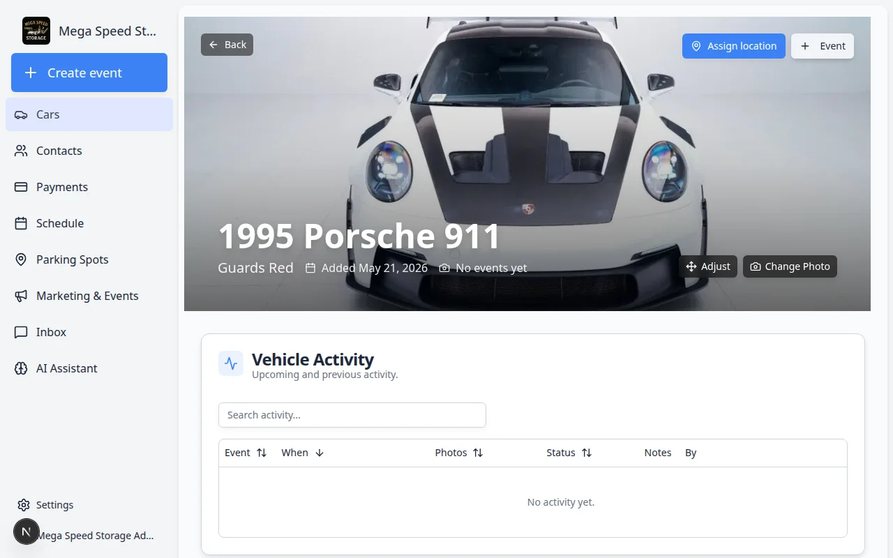 Car detail page showing Vehicle Activity timeline and Notes section with Add note button
