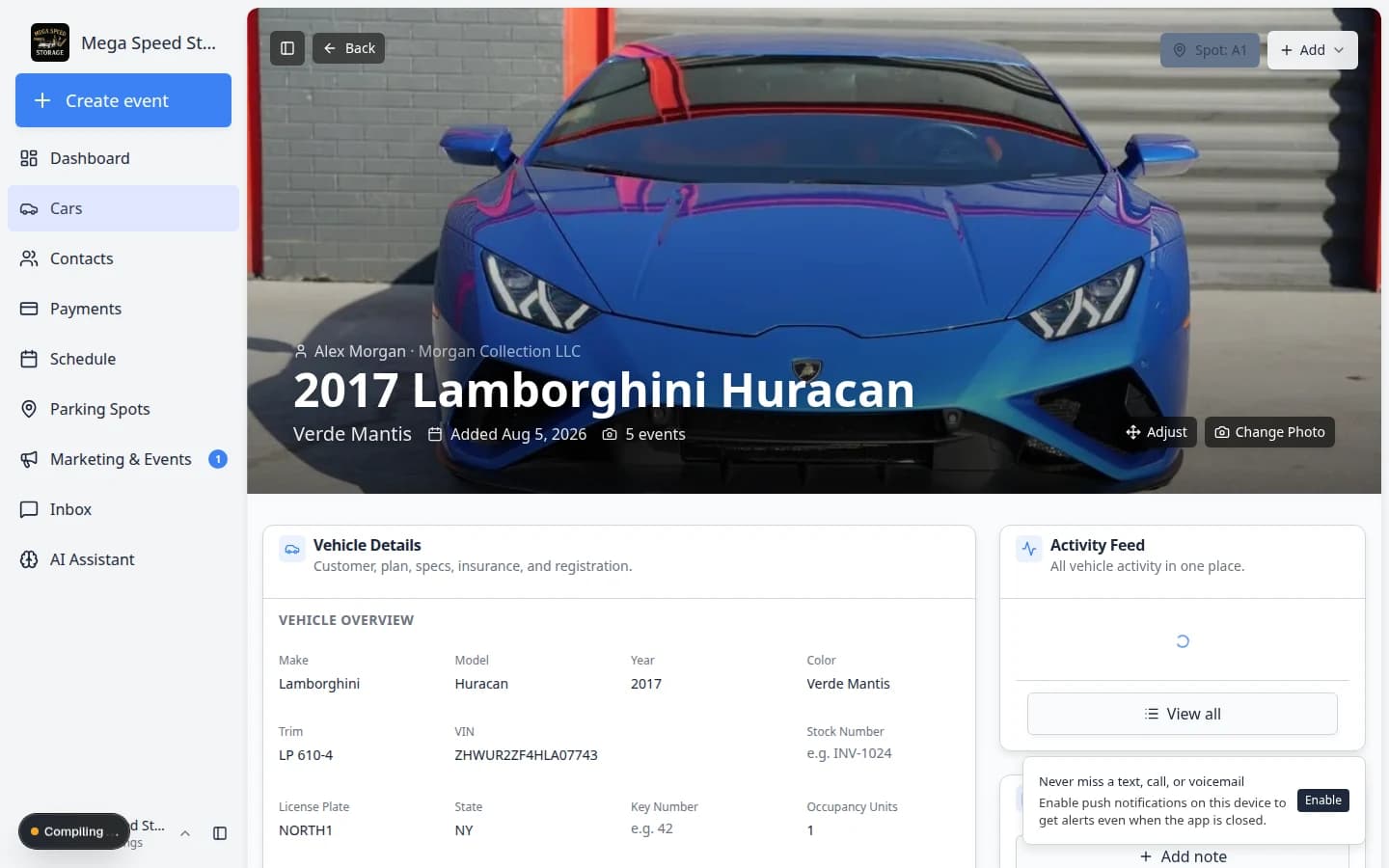 Vehicle Details section showing Vehicle Overview fields for make, model, year, color, VIN, plate, and tags