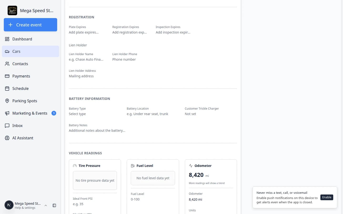 Sale status section on a car record showing listed status and marketplace actions