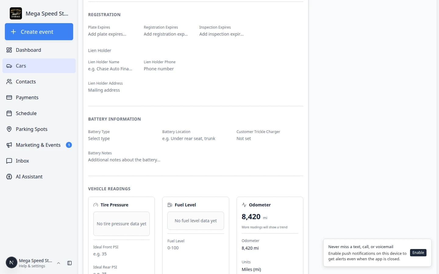 Insurance and Registration sections on a car record with policy and expiration date fields