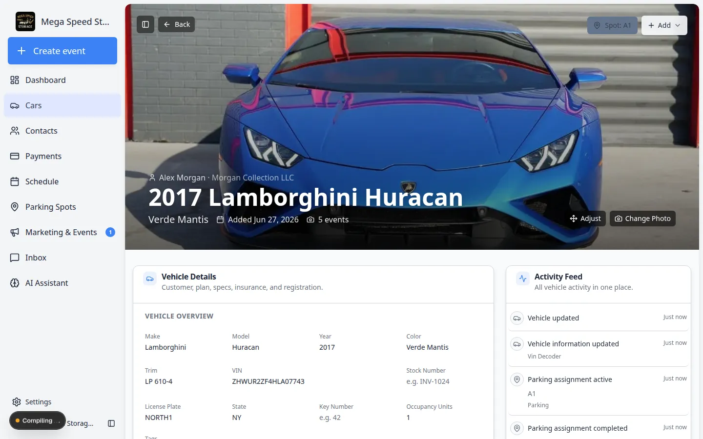 Session detail page for a vehicle event showing workflow progress and options to continue the walkthrough