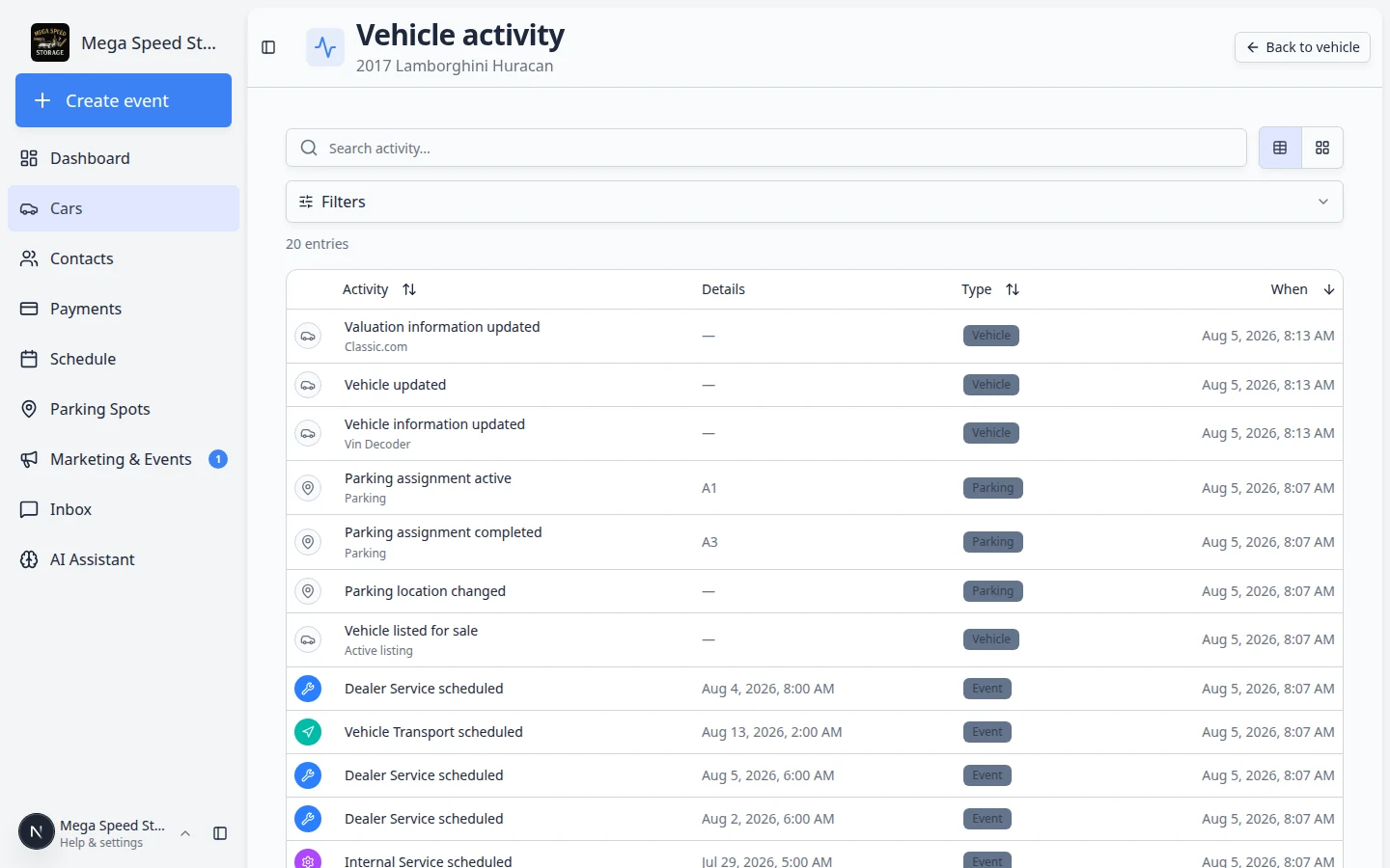 Vehicle activity page showing searchable full history for one car with Back to vehicle button