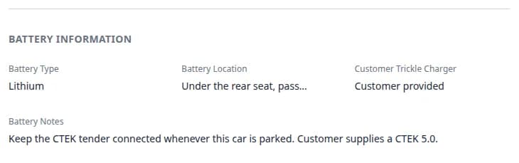 Battery Information section on a car record showing Lithium battery type, rear-seat location, customer-provided trickle charger, and tender notes
