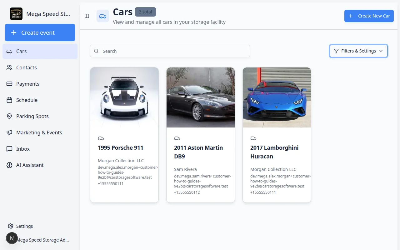 Cars page in card view showing vehicle cards with photos, make, model, year, and customer information