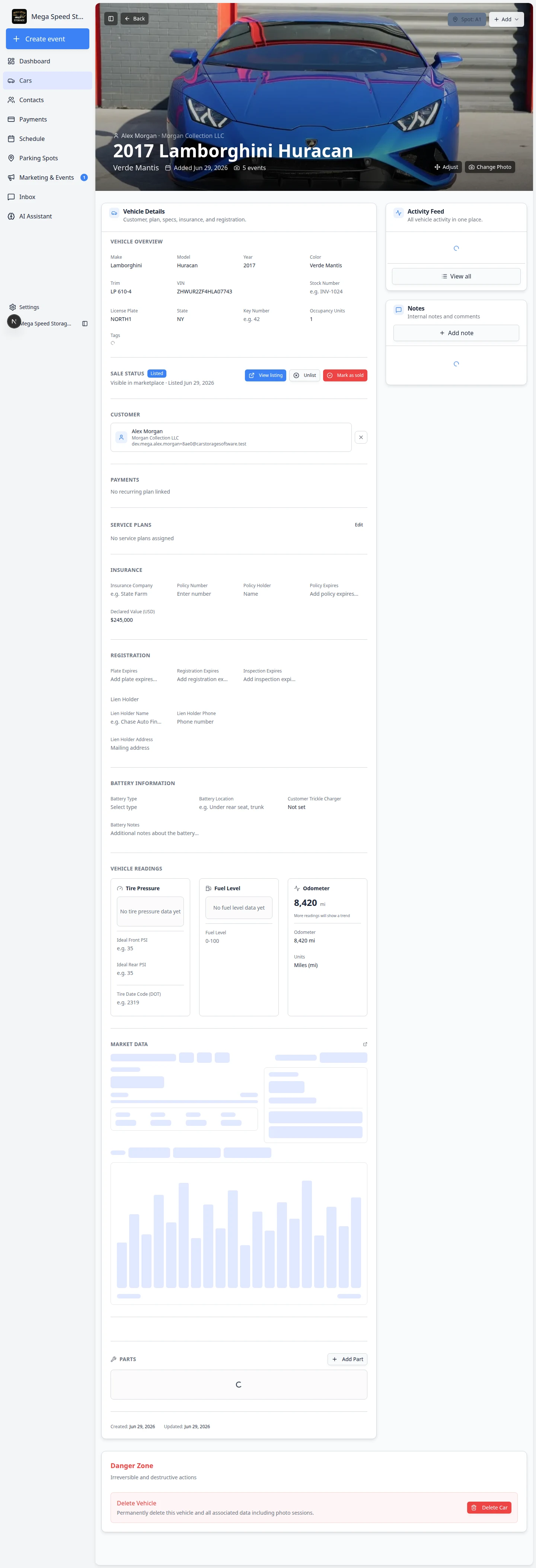 Customer section on a car record showing linked customer name, company, and email after the car was created