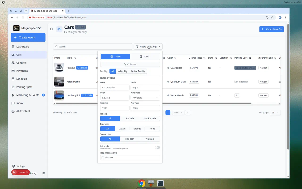 Filters and Settings panel on the Cars page showing Table, Card, Columns, facility, field filters, inline edit, and tags