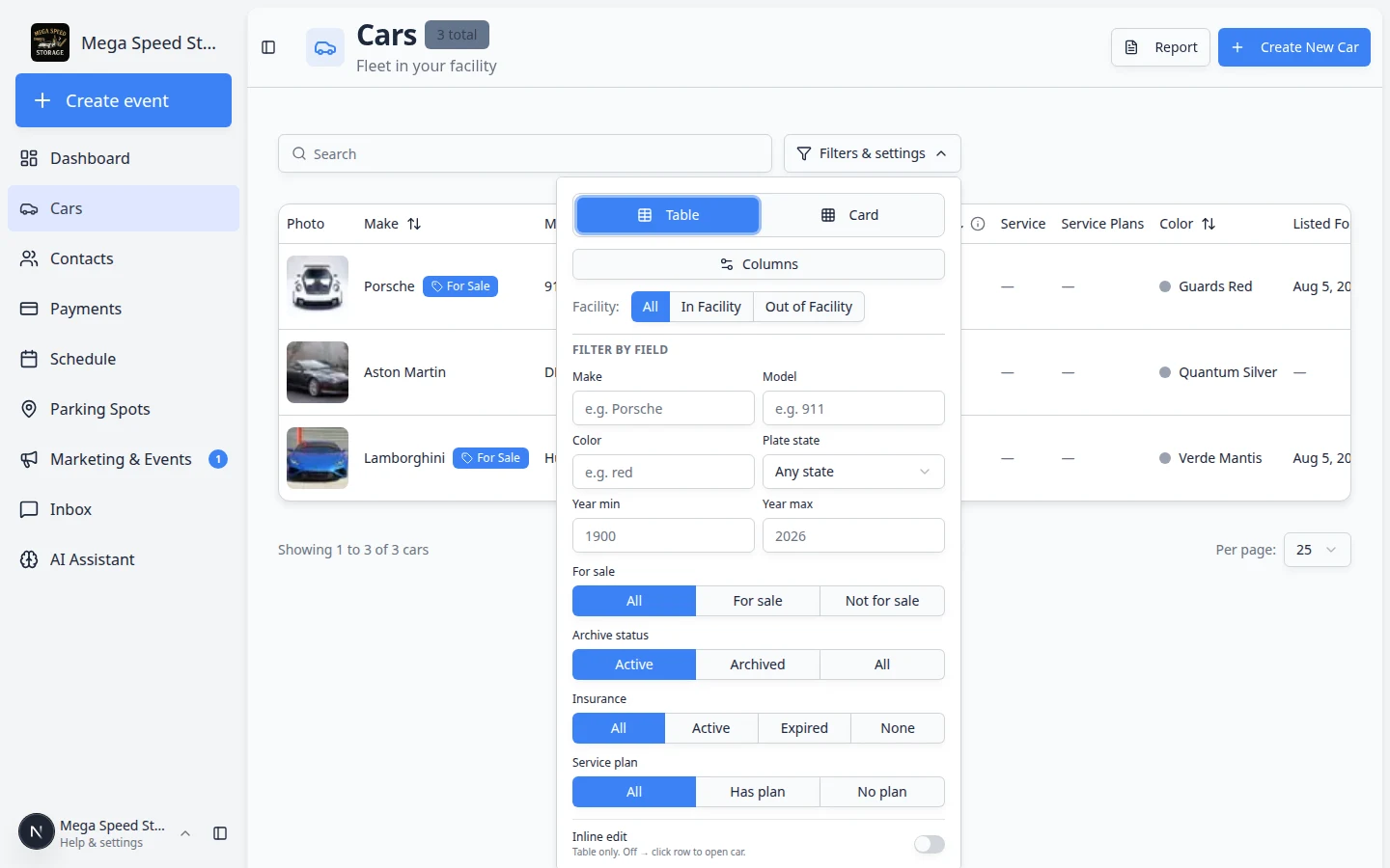 Cars list filtered to for-sale vehicles showing multiple collector cars with for-sale indicators