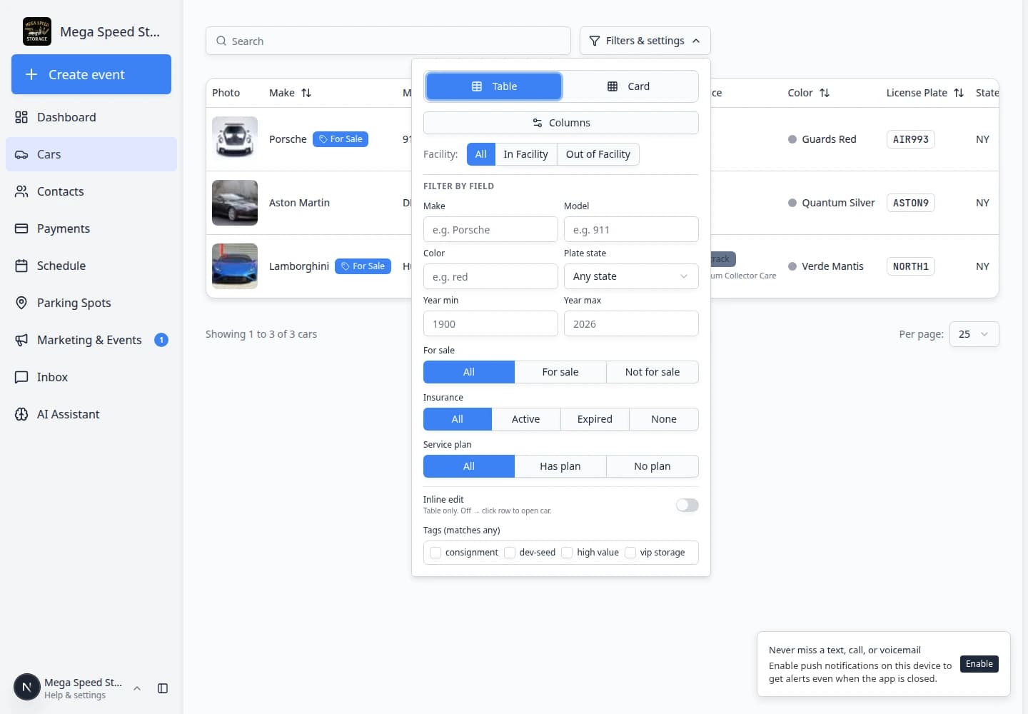 Filters and Settings panel on the Cars page with Insurance status filter options visible