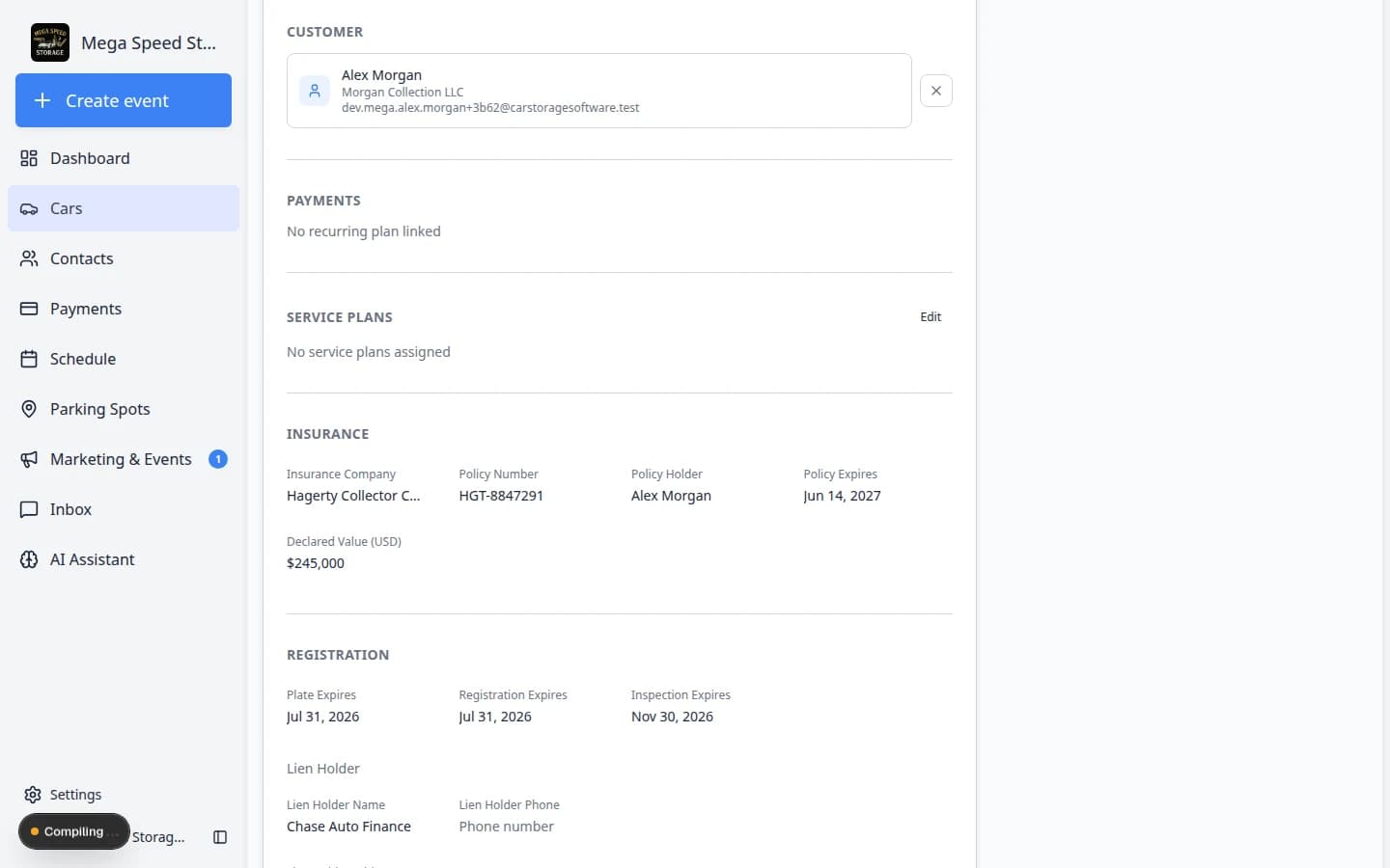 Insurance section on a car record showing company, policy number, policy holder, expiration date, and declared value fields filled in
