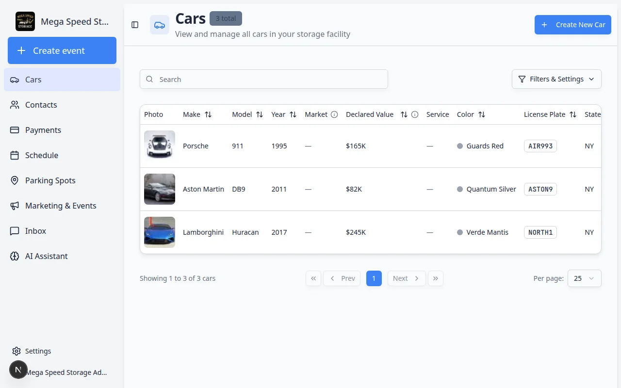 Cars list in table view showing columns for make, model, year, declared value, color, plate, location, and customer