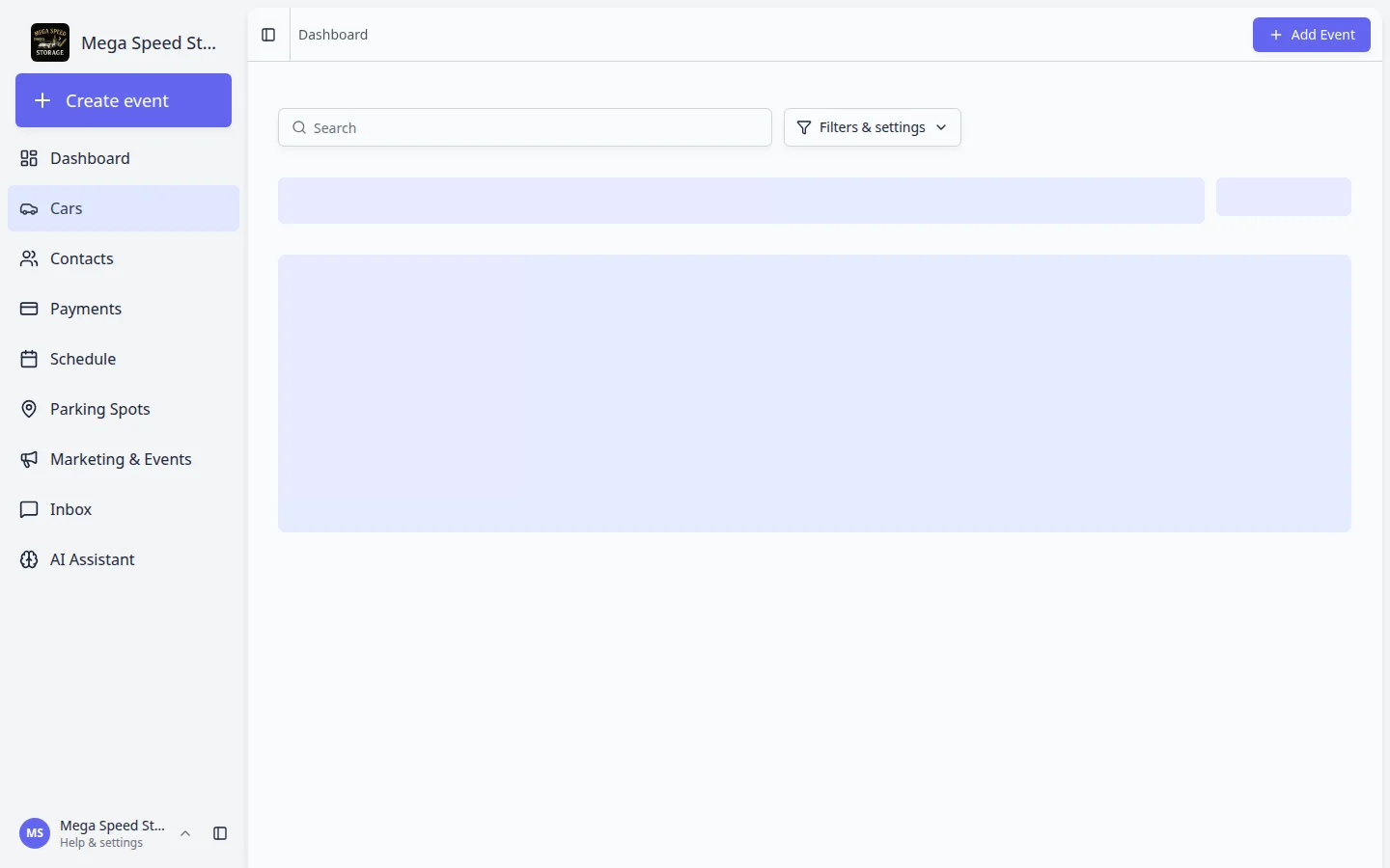 Cars section in the dashboard sidebar showing the vehicle list with columns for make, model, year, and more