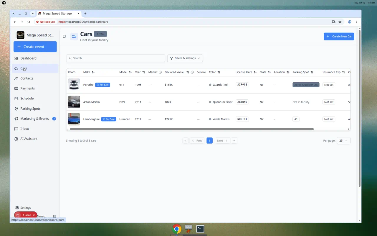 Cars section in the dashboard sidebar showing the vehicle list with columns for make, model, year, and more