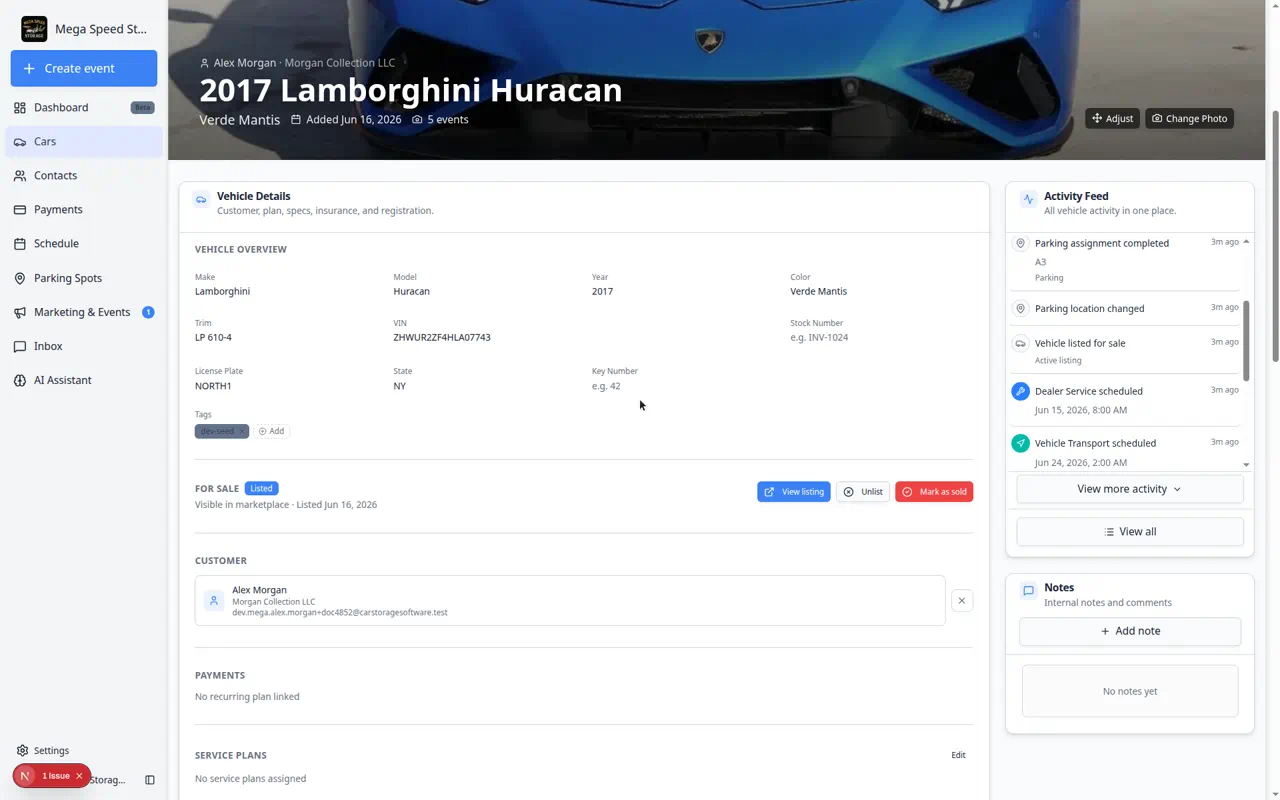 Tags field in Vehicle Overview showing an existing tag and Add button