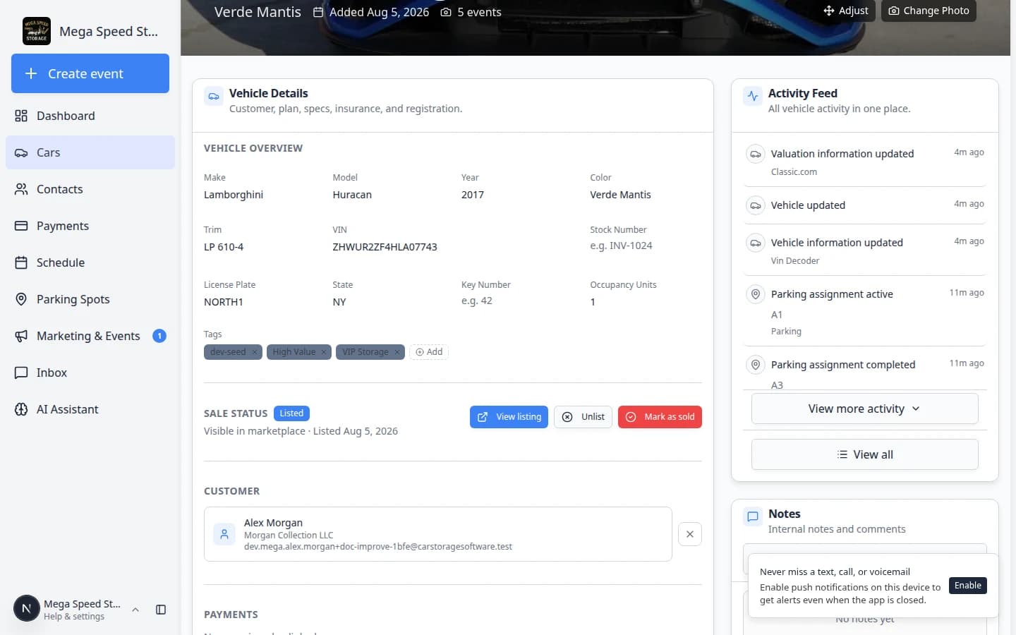View all activity panel showing a searchable list of every event and change on a car record
