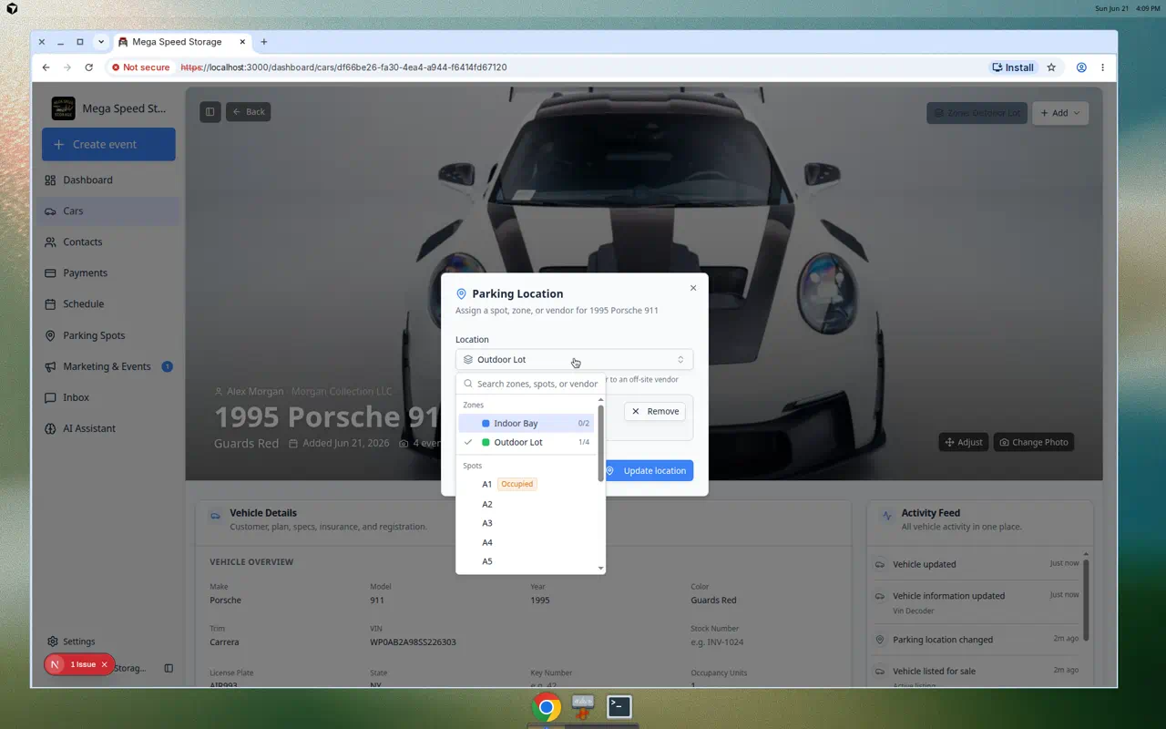 Parking Location dialog dropdown showing both zone names and numbered spot options