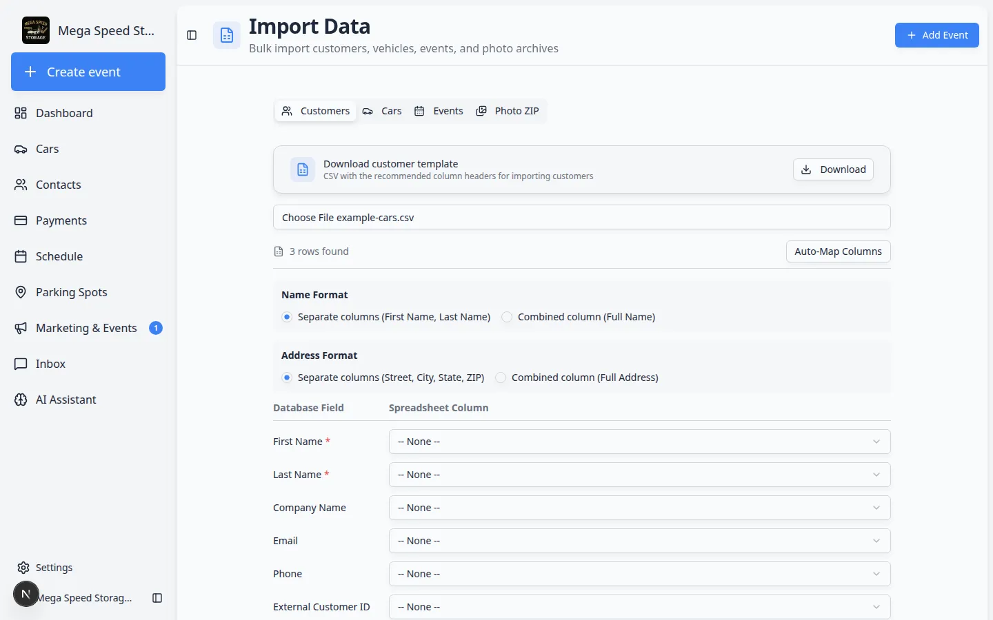 Vehicle import column mapping