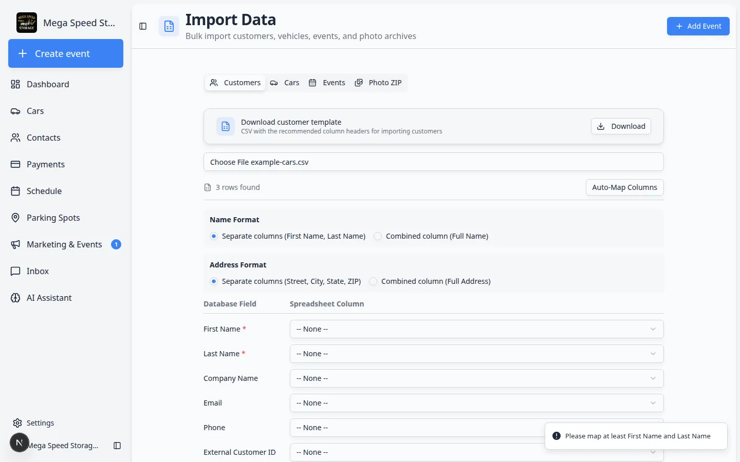 Car import review screen showing a preview table of vehicles before records are created