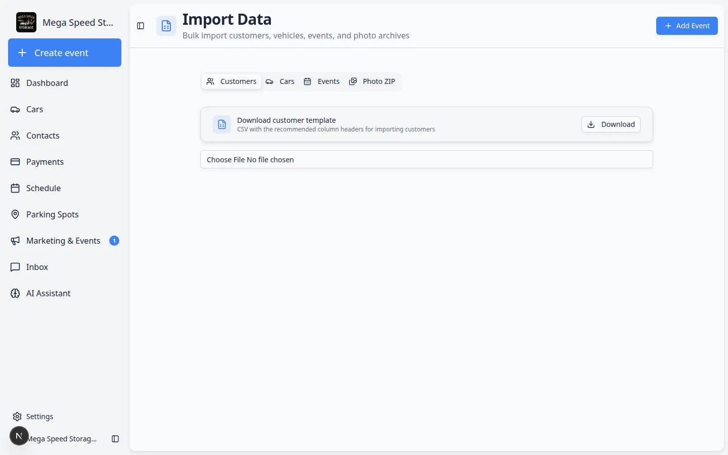 Import Data page with the Cars tab selected showing the car template download card and file upload area