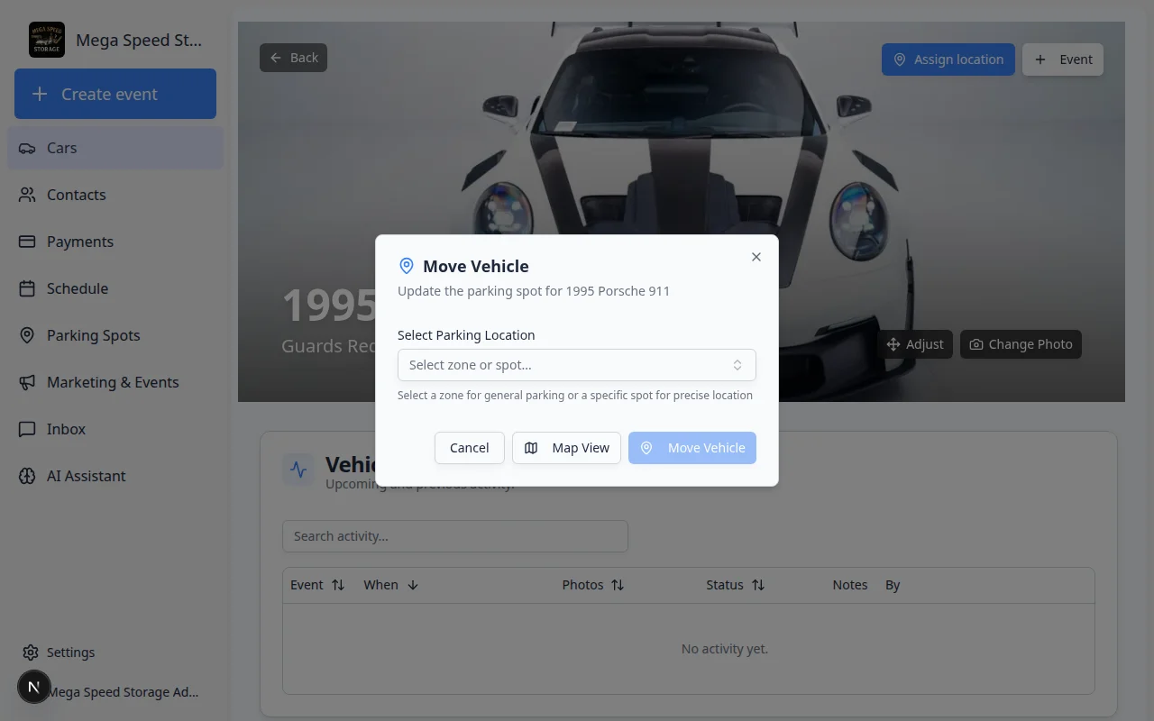 Move Vehicle dialog with a parking spot selector showing Select zone or spot dropdown
