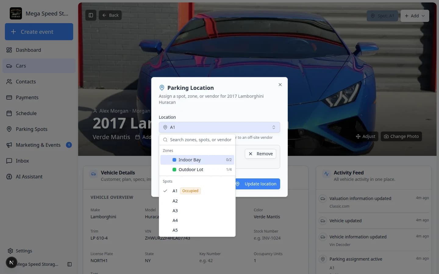 Location dropdown in the Parking Location window listing zones, numbered spots, and vendor options