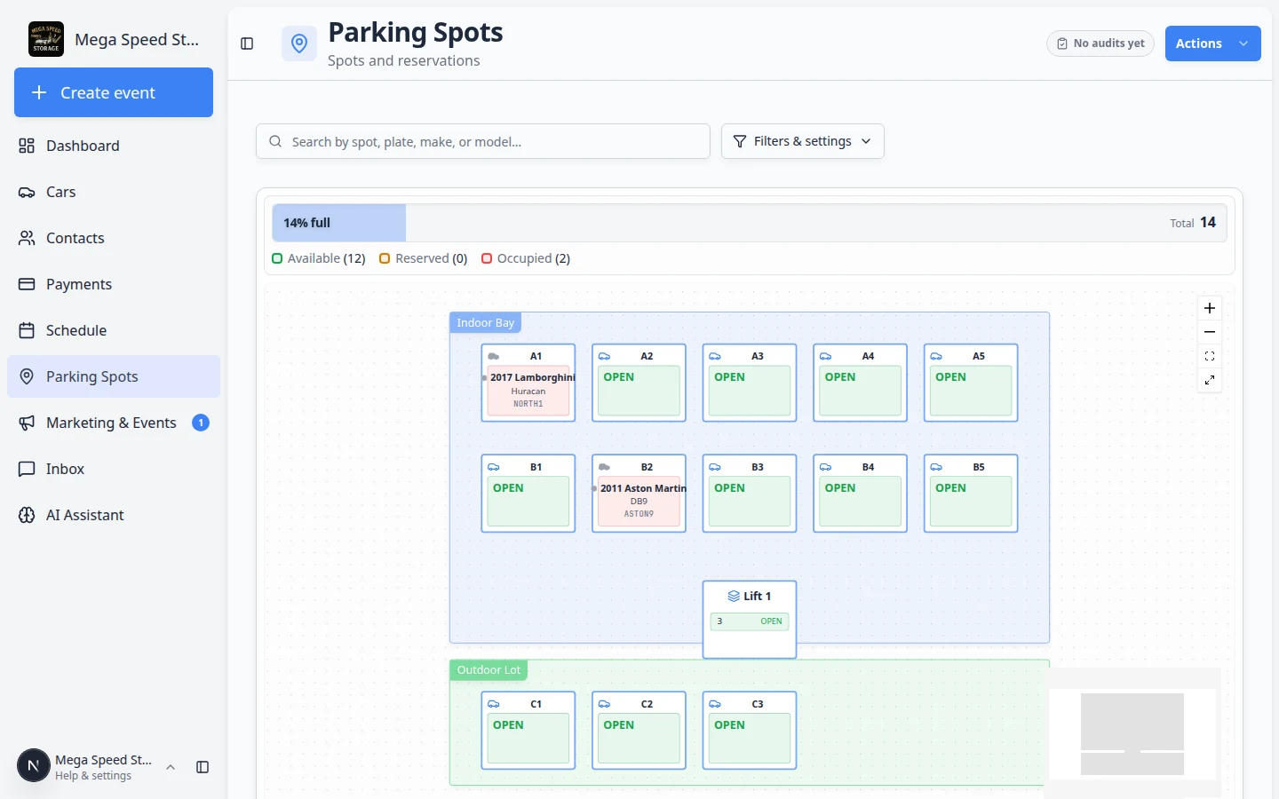 Parking spot dialog on the facility map showing options to assign or move a car to the selected spot