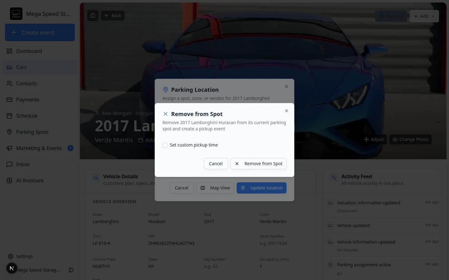Remove from Spot confirmation window explaining that the vehicle will leave its parking assignment