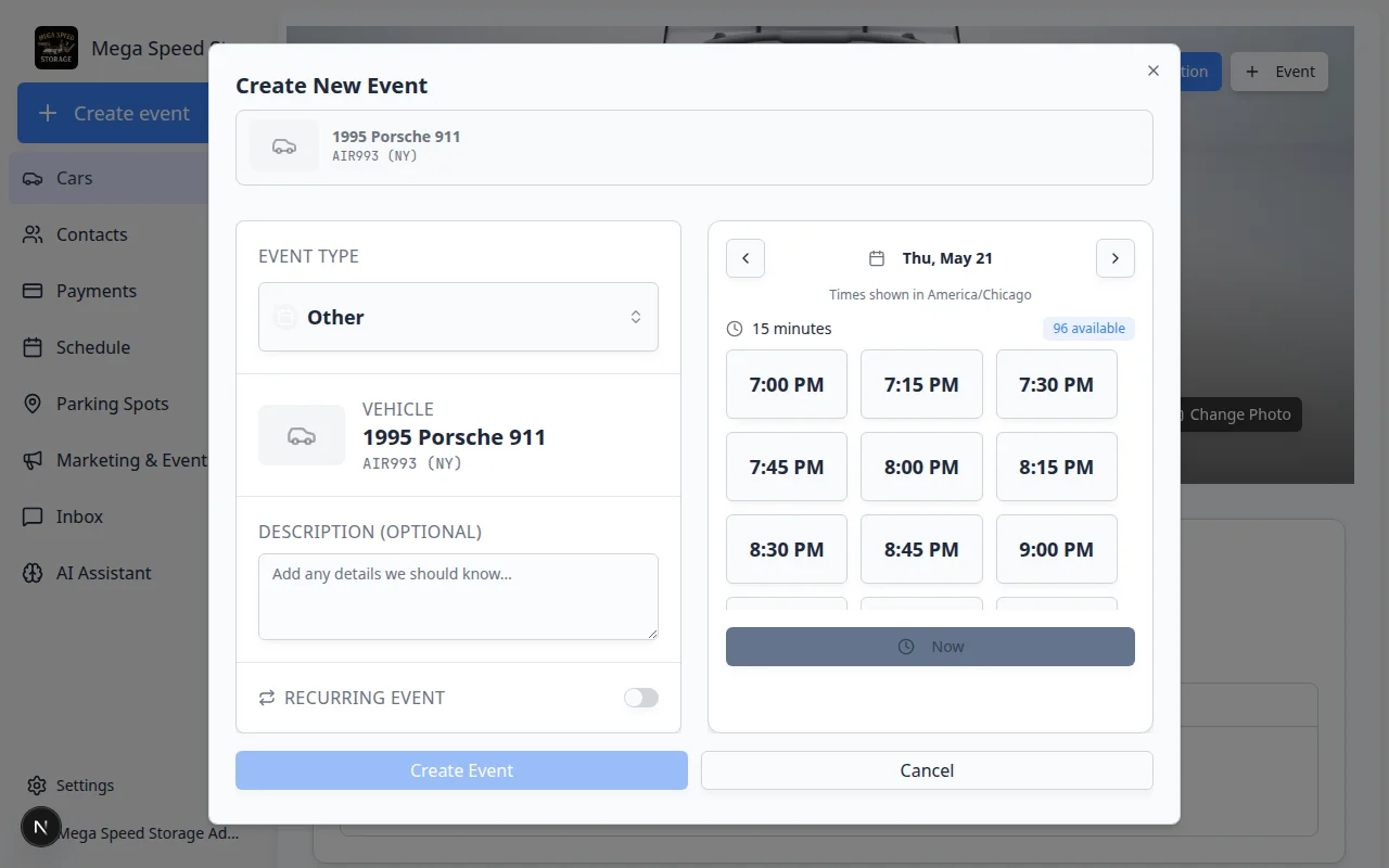 Create New Event dialog showing event type selector, date picker, and time slots