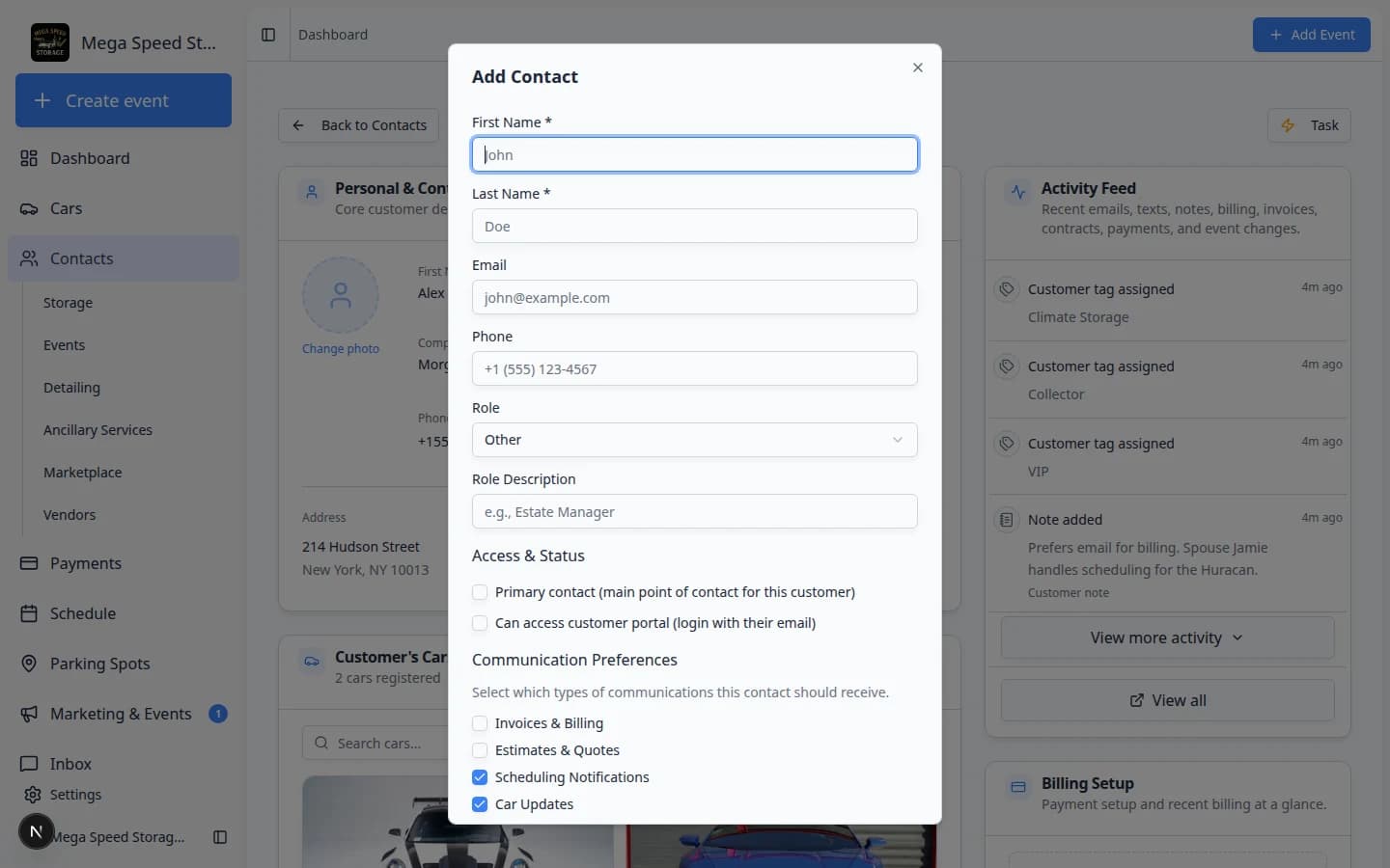 Add Contact dialog showing fields for name, email, phone, role, portal access toggle, and communication preferences